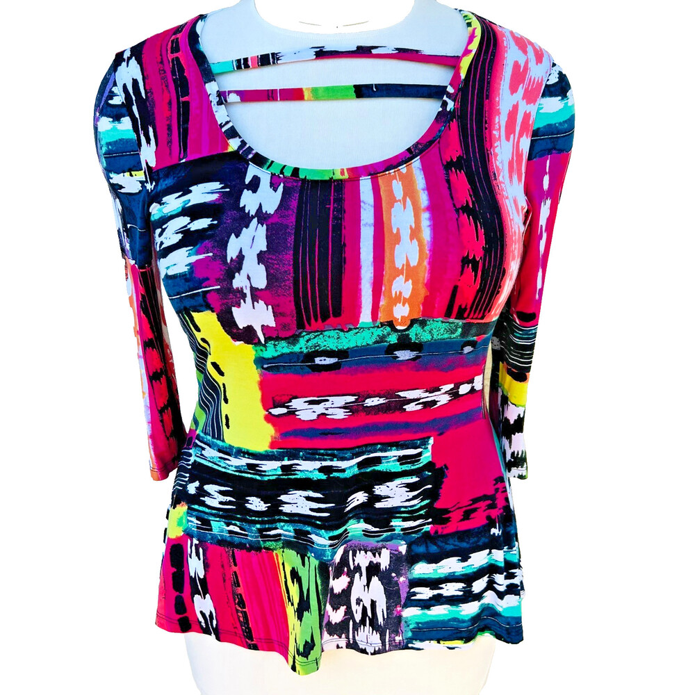 Lynn Ritchie Silver Blouse Womens L Multi Color Abstract Ikat Flare Hem